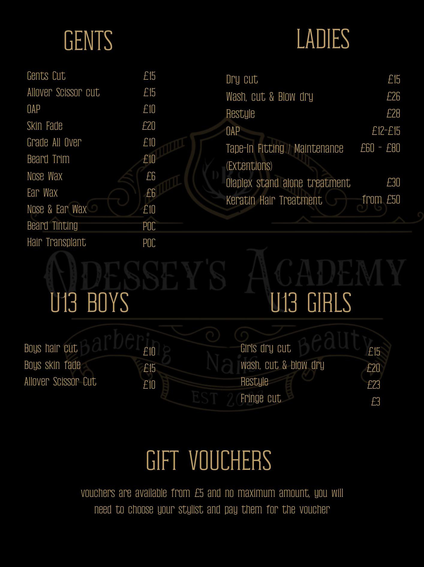 Odesseys Price List