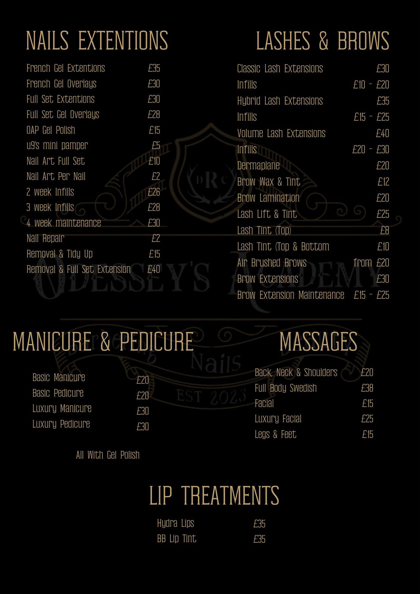 Odesseys Price List